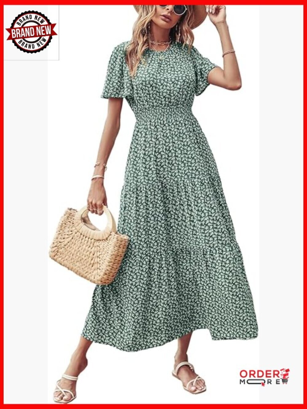 Boho Short Flutter Sleeve Maxi Dress Tiered Smocked Waist Flowy